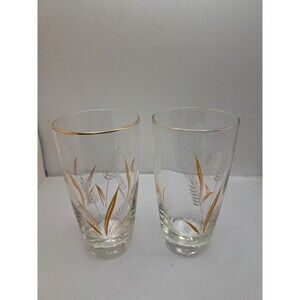 Vtg Libbey Wheat Sprays Gold Rims White Gold Pattern Clear 6” Tumblers Set of 2